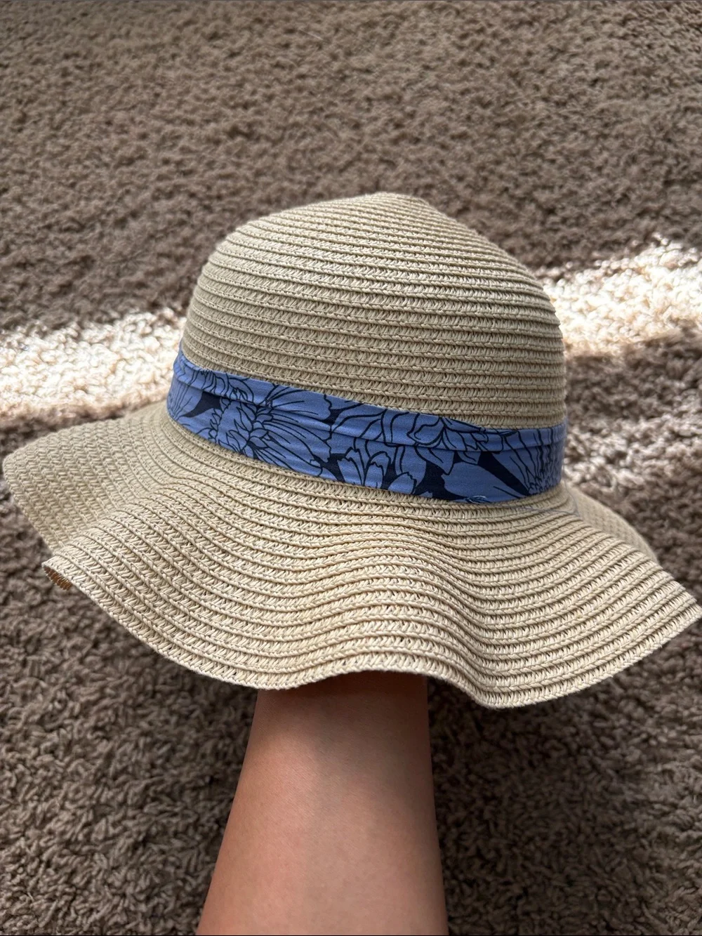 Kids Straw Sun Hat with Blue Floral Band